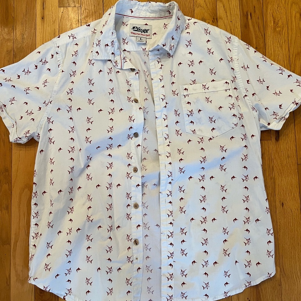 White Short Sleeve button down Shirt with Red Sailfish Pattern